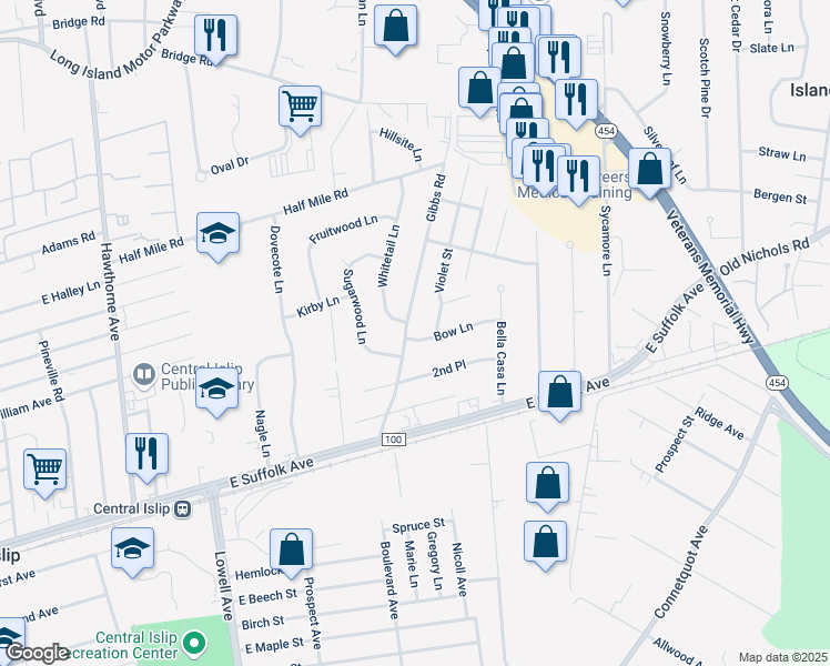 map of restaurants, bars, coffee shops, grocery stores, and more near 3 Bow Lane in Central Islip