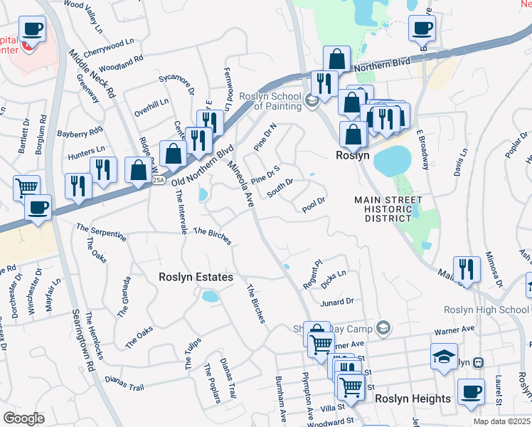 map of restaurants, bars, coffee shops, grocery stores, and more near 3 Glen Avenue in Roslyn