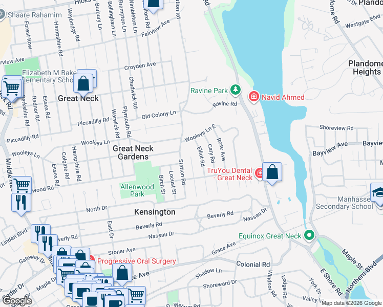 map of restaurants, bars, coffee shops, grocery stores, and more near 30 Johnstone Road in Great Neck
