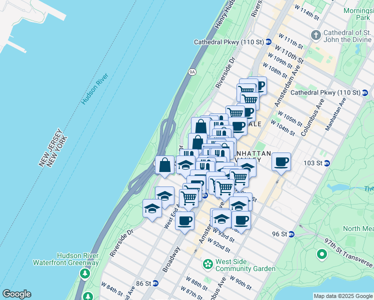 map of restaurants, bars, coffee shops, grocery stores, and more near Riverside Dr & W 98th St in New York