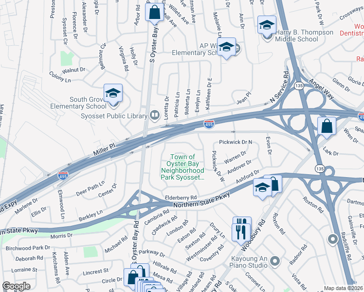 map of restaurants, bars, coffee shops, grocery stores, and more near 15 Gainsboro Lane in Syosset