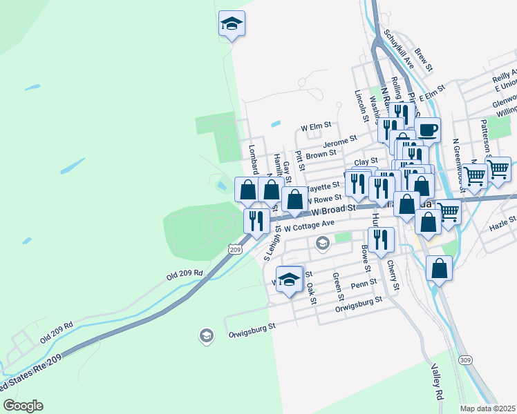map of restaurants, bars, coffee shops, grocery stores, and more near 421 West Rowe Street in Tamaqua