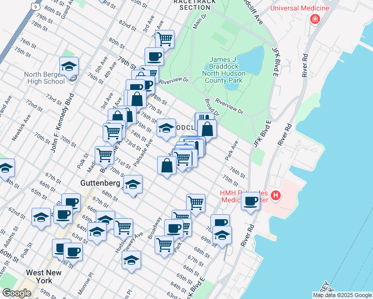 map of restaurants, bars, coffee shops, grocery stores, and more near 220 75th Street in North Bergen