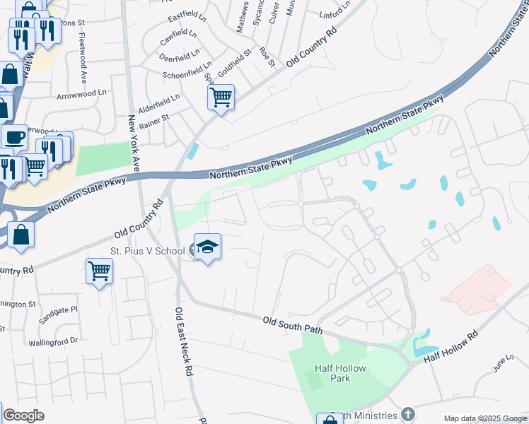 map of restaurants, bars, coffee shops, grocery stores, and more near 1030 Savoy Drive in Melville
