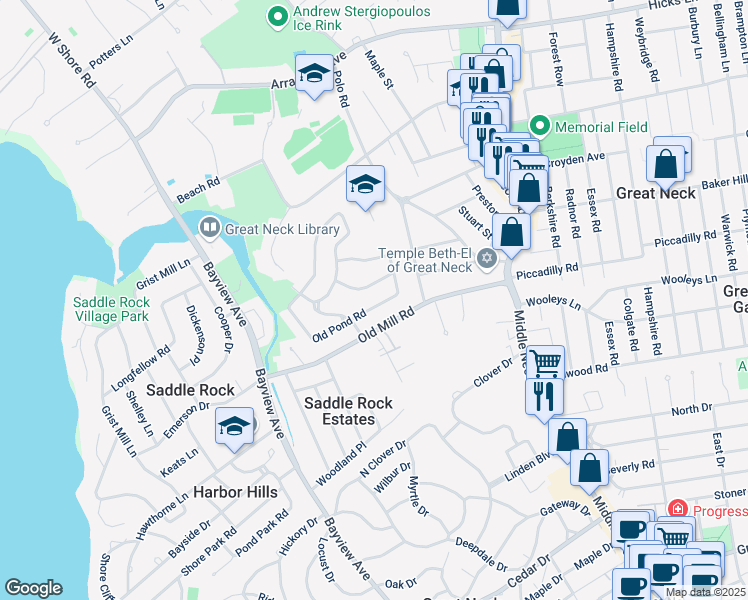 map of restaurants, bars, coffee shops, grocery stores, and more near 20 Old Pond Road in Great Neck