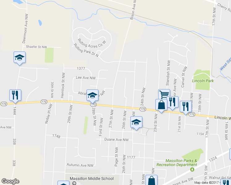 map of restaurants, bars, coffee shops, grocery stores, and more near 554 27th Street Northwest in Massillon