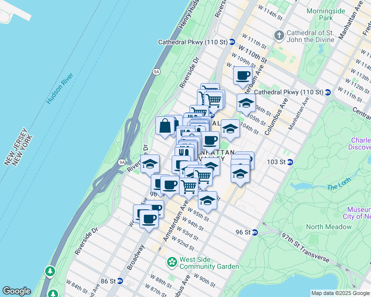map of restaurants, bars, coffee shops, grocery stores, and more near 245 West 99th Street in New York
