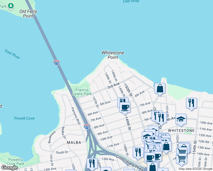 map of restaurants, bars, coffee shops, grocery stores, and more near 2-53 148th Street in Queens