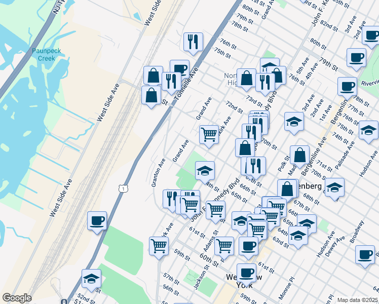 map of restaurants, bars, coffee shops, grocery stores, and more near 6601 Cottage Avenue in North Bergen