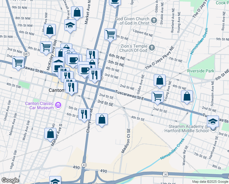 map of restaurants, bars, coffee shops, grocery stores, and more near Commerce Court Southeast in Canton