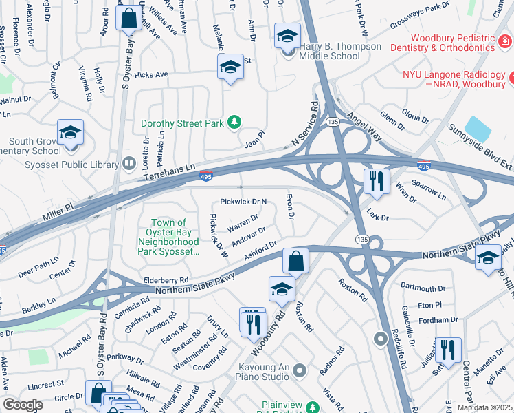 map of restaurants, bars, coffee shops, grocery stores, and more near 25 Warren Drive in Syosset