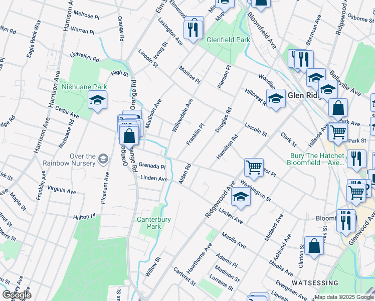 map of restaurants, bars, coffee shops, grocery stores, and more near 50 Franklin Place in Montclair