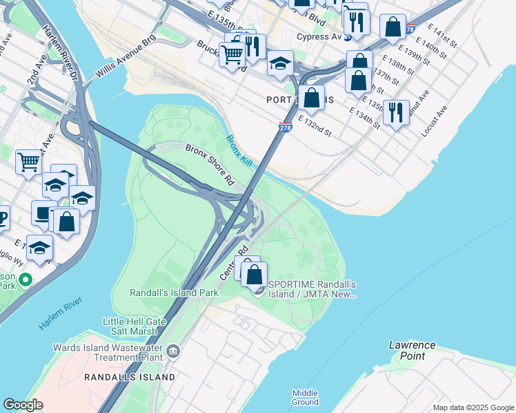 map of restaurants, bars, coffee shops, grocery stores, and more near 0 Bronx Shore Road in New York