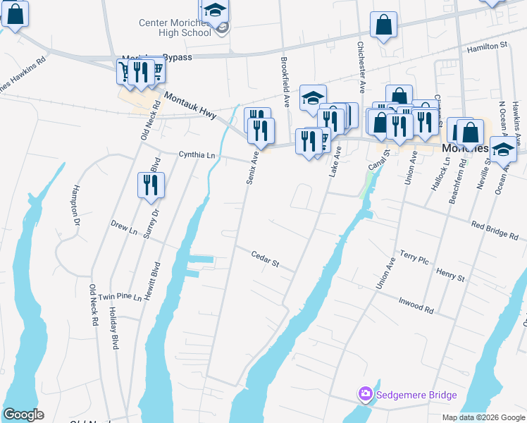 map of restaurants, bars, coffee shops, grocery stores, and more near 26 Smith Street in Center Moriches
