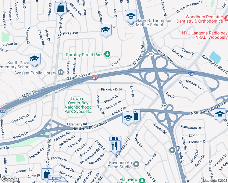map of restaurants, bars, coffee shops, grocery stores, and more near 25 Warren Drive in Syosset