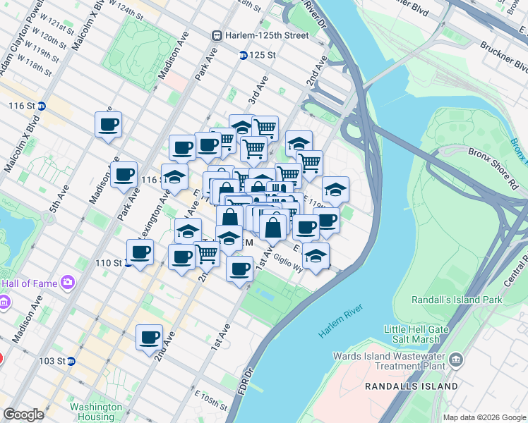 map of restaurants, bars, coffee shops, grocery stores, and more near 324 East 117th Street in New York
