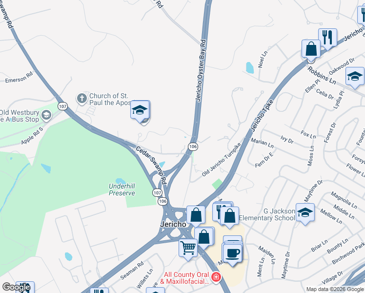 map of restaurants, bars, coffee shops, grocery stores, and more near 100 Old Cedar Swamp Road in Jericho