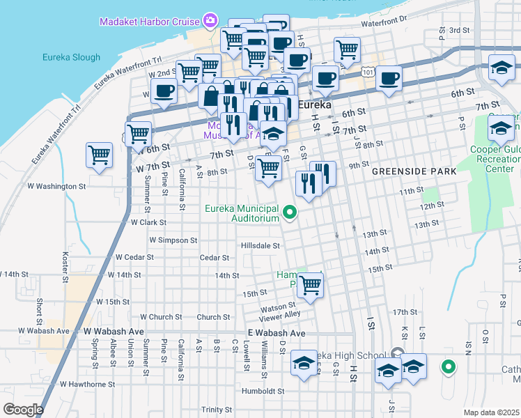 map of restaurants, bars, coffee shops, grocery stores, and more near 1027 D Street in Eureka