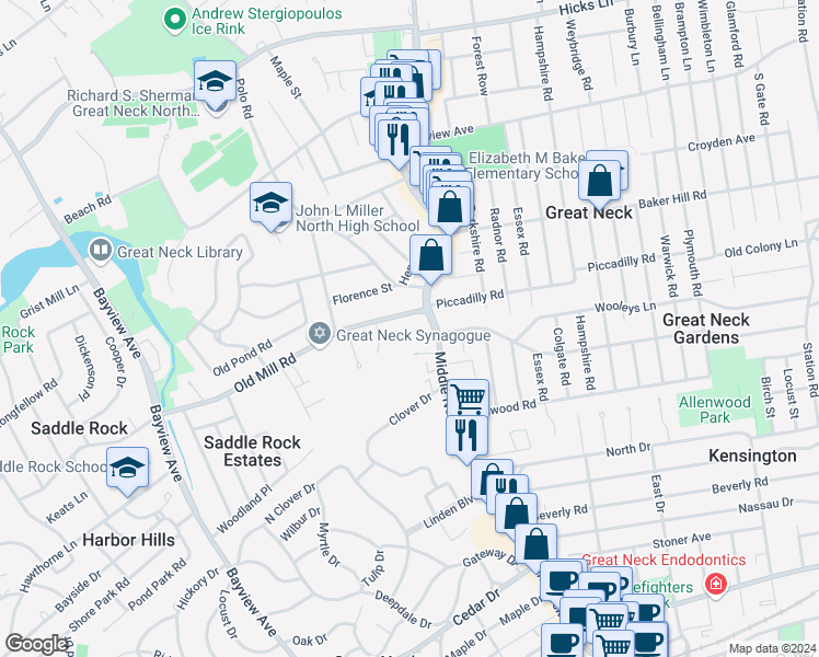 map of restaurants, bars, coffee shops, grocery stores, and more near 9 Millbrook Court in Great Neck