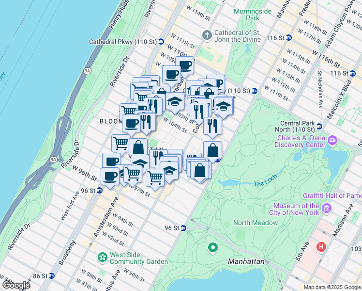 map of restaurants, bars, coffee shops, grocery stores, and more near 850 Columbus Avenue in New York