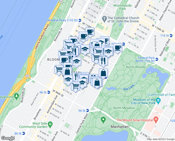 map of restaurants, bars, coffee shops, grocery stores, and more near 850 Columbus Avenue in New York
