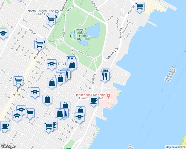 map of restaurants, bars, coffee shops, grocery stores, and more near 7800 Boulevard East in North Bergen