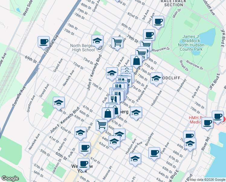 map of restaurants, bars, coffee shops, grocery stores, and more near 7011 Madison Street in Guttenberg