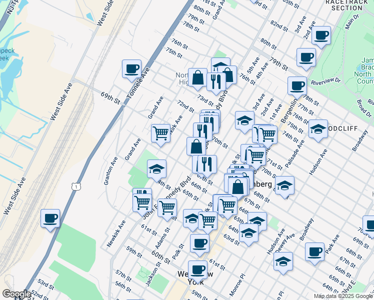 map of restaurants, bars, coffee shops, grocery stores, and more near 6717 Smith Avenue in North Bergen