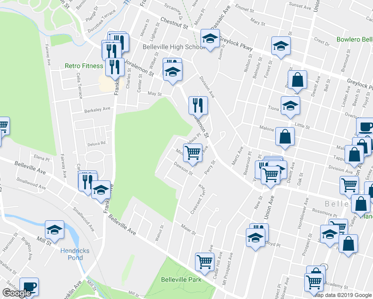 map of restaurants, bars, coffee shops, grocery stores, and more near 59 Baldwin Place in Belleville