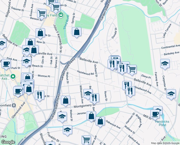 map of restaurants, bars, coffee shops, grocery stores, and more near 46 Hazelwood Road in Bloomfield