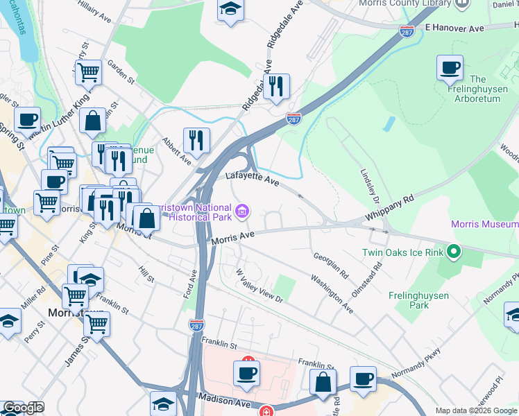 map of restaurants, bars, coffee shops, grocery stores, and more near 13 Harding Terrace in Morristown