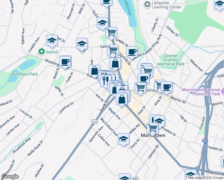 map of restaurants, bars, coffee shops, grocery stores, and more near 6 Washington Street in Morristown