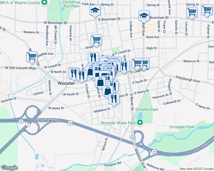 map of restaurants, bars, coffee shops, grocery stores, and more near 155 South Market Street in Wooster