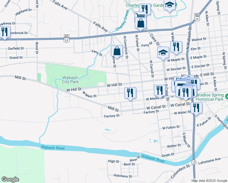 map of restaurants, bars, coffee shops, grocery stores, and more near 642 West Main Street in Wabash