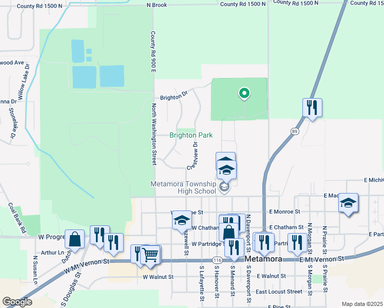 map of restaurants, bars, coffee shops, grocery stores, and more near 705 North Crestview Drive in Metamora