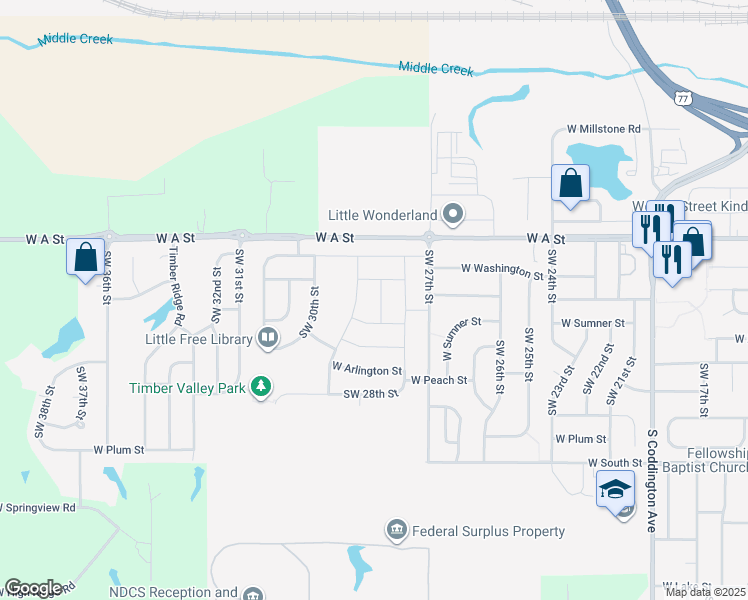 map of restaurants, bars, coffee shops, grocery stores, and more near 1640 Southwest Derek Avenue in Lincoln