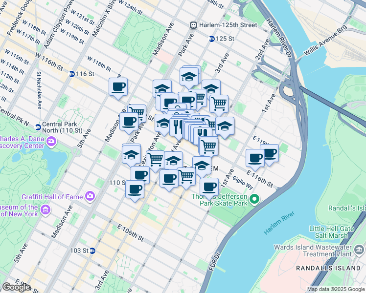 map of restaurants, bars, coffee shops, grocery stores, and more near 205 East 115th Street in New York