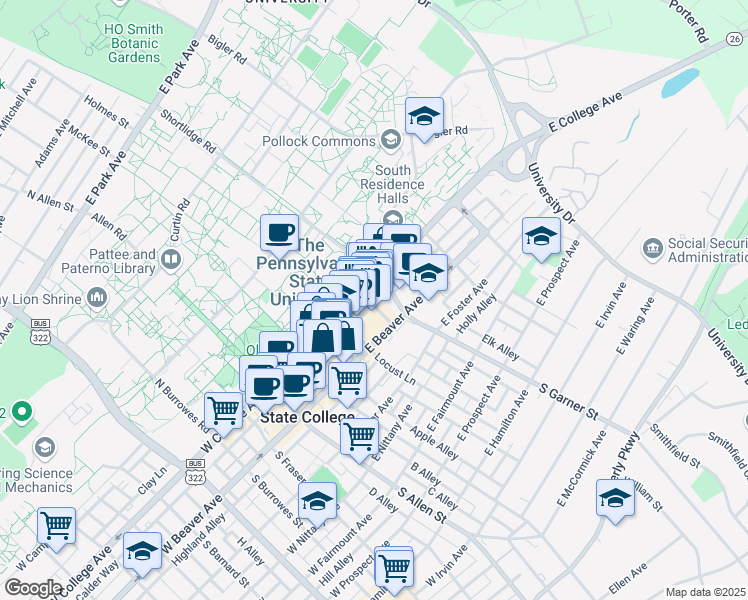 map of restaurants, bars, coffee shops, grocery stores, and more near 113 Hiester Street in State College