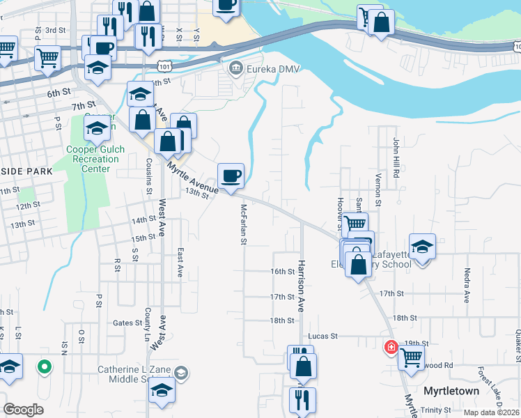 map of restaurants, bars, coffee shops, grocery stores, and more near 1422 Dean Street in Eureka