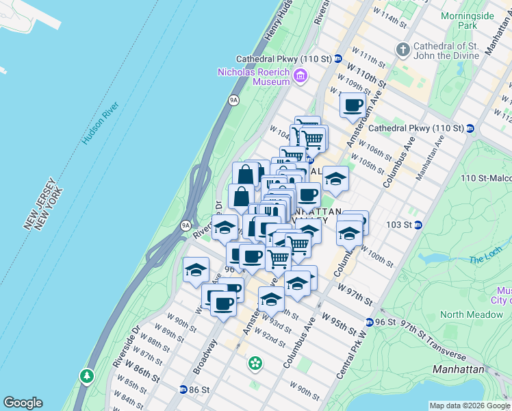 map of restaurants, bars, coffee shops, grocery stores, and more near West End Ave & W 99th St in New York