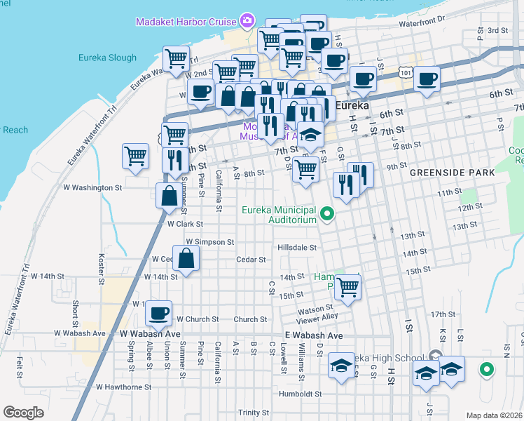map of restaurants, bars, coffee shops, grocery stores, and more near 1017 C Street in Eureka