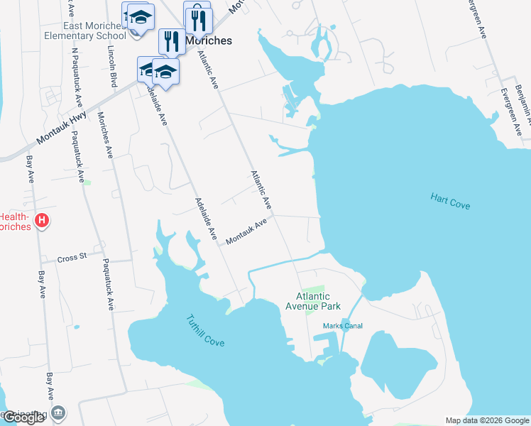 map of restaurants, bars, coffee shops, grocery stores, and more near 43 Montauk Avenue in East Moriches