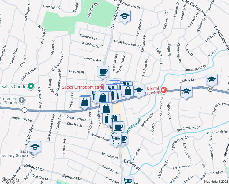 map of restaurants, bars, coffee shops, grocery stores, and more near 6160 Town Center Way in Livingston