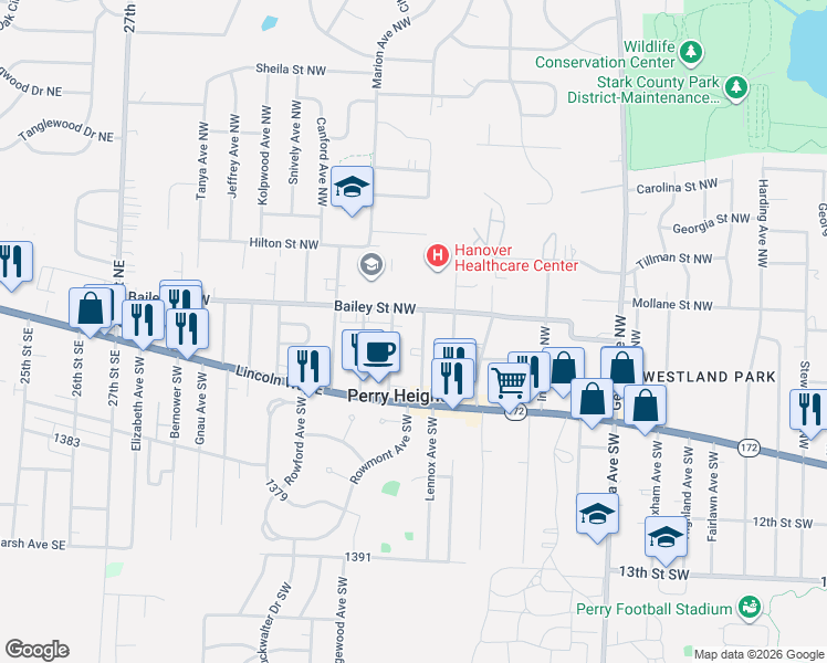 map of restaurants, bars, coffee shops, grocery stores, and more near 300 Lennox Avenue Southwest in Massillon