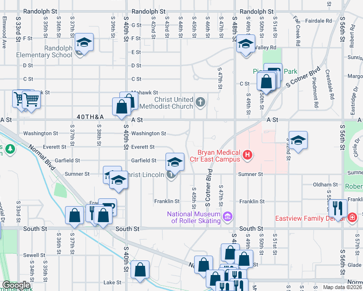 map of restaurants, bars, coffee shops, grocery stores, and more near 1545 Sunburst Lane in Lincoln