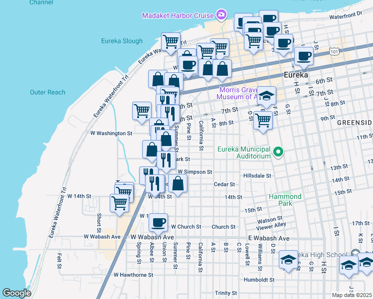 map of restaurants, bars, coffee shops, grocery stores, and more near 203 West Grant Street in Eureka
