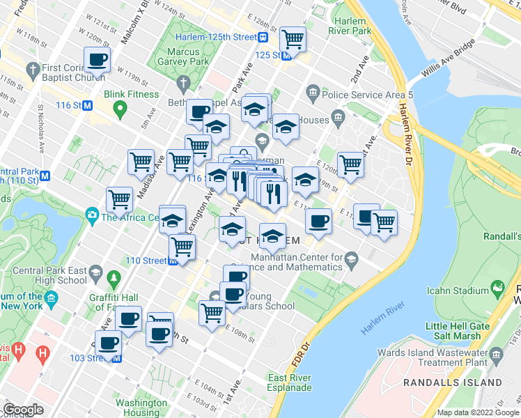 map of restaurants, bars, coffee shops, grocery stores, and more near 221 East 115th Street in New York