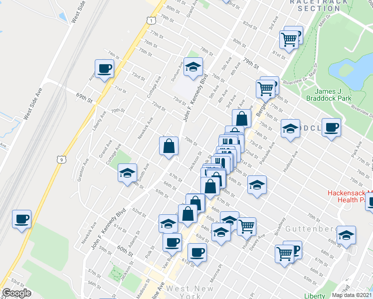 map of restaurants, bars, coffee shops, grocery stores, and more near 6825 Adams Street in Guttenberg