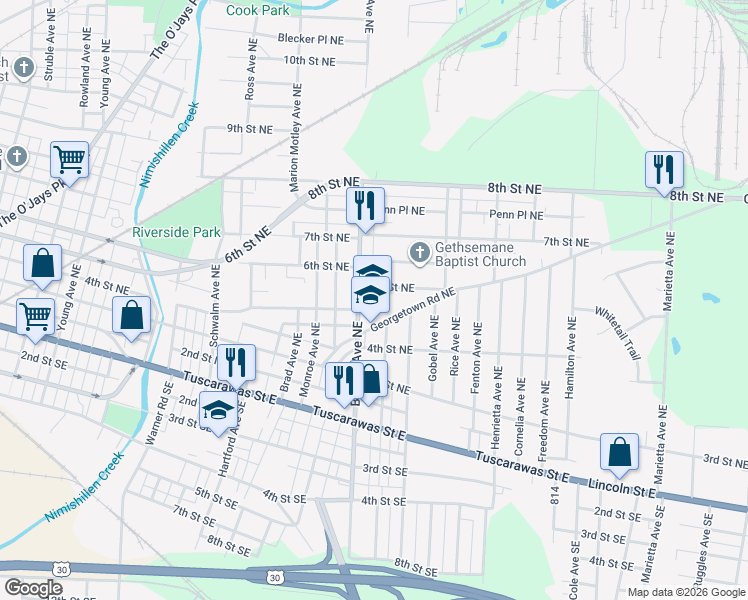 map of restaurants, bars, coffee shops, grocery stores, and more near 2115 Georgetown Road Northeast in Canton