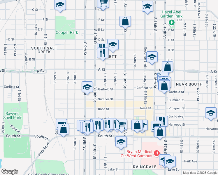 map of restaurants, bars, coffee shops, grocery stores, and more near 1114 Garfield Street in Lincoln